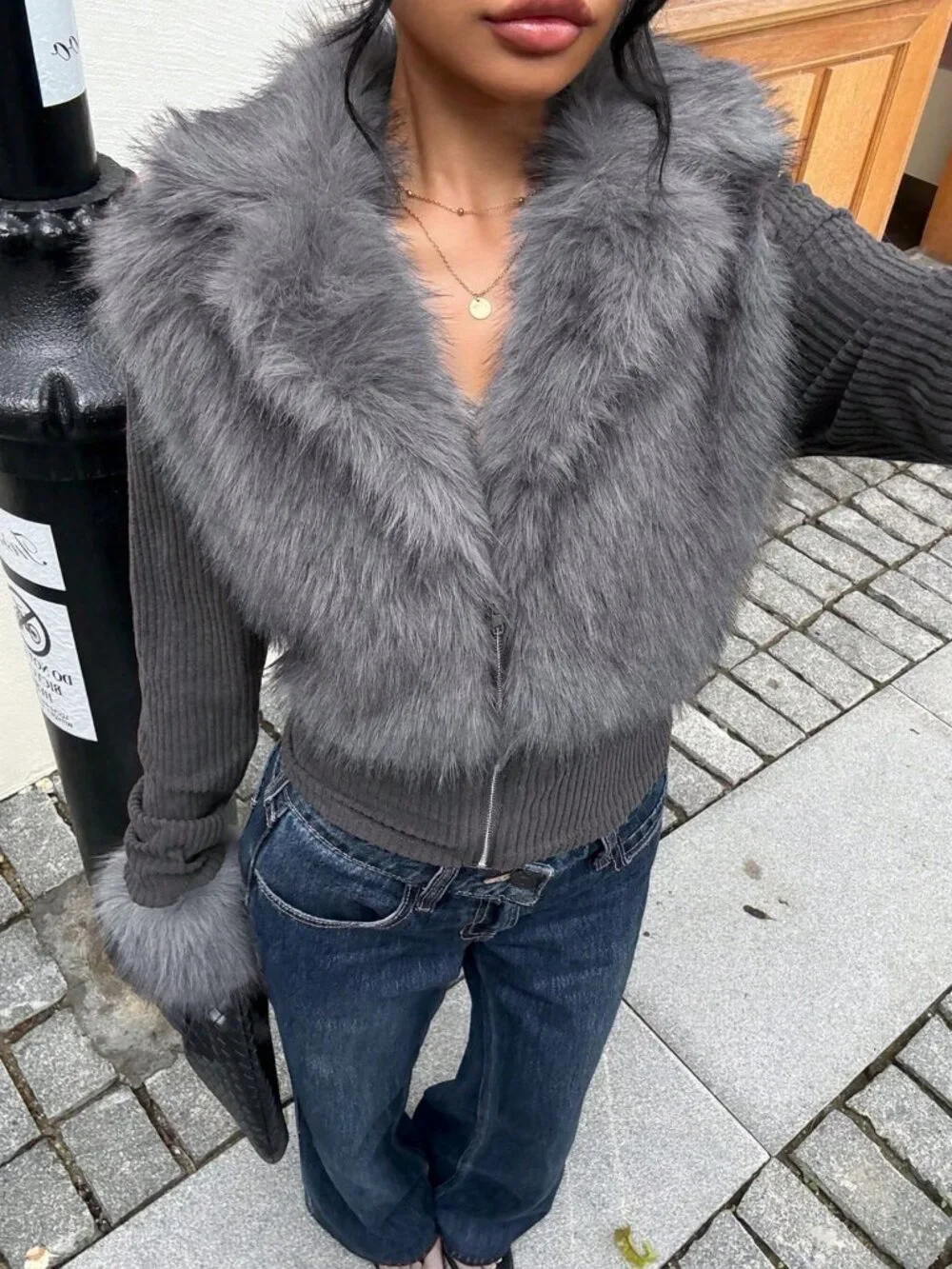 Dark Grey Casual Women's Street Style Faux Fur Zip-Up Long Sleeve Jacket